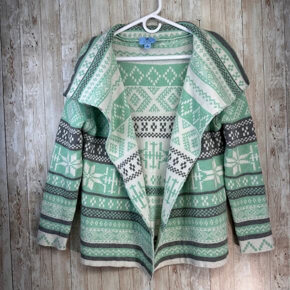 CECE Cardigan‎ Womens M Mint Green Black Fair Isle Draped Open Front Sweater - Picture 1 of 6